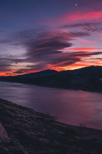 Preview wallpaper mountains, river, sunset, sky