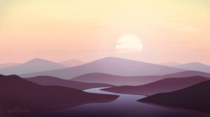 Preview wallpaper mountains, river, sunset, landscape, art