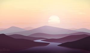 Preview wallpaper mountains, river, sunset, landscape, art