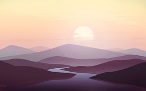 Preview wallpaper mountains, river, sunset, landscape, art
