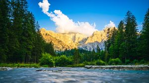 Preview wallpaper mountains, river, trees, landscape, nature, sky