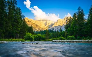 Preview wallpaper mountains, river, trees, landscape, nature, sky