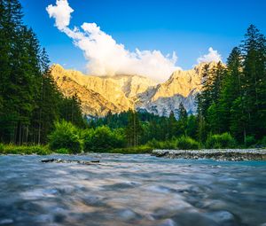 Preview wallpaper mountains, river, trees, landscape, nature, sky