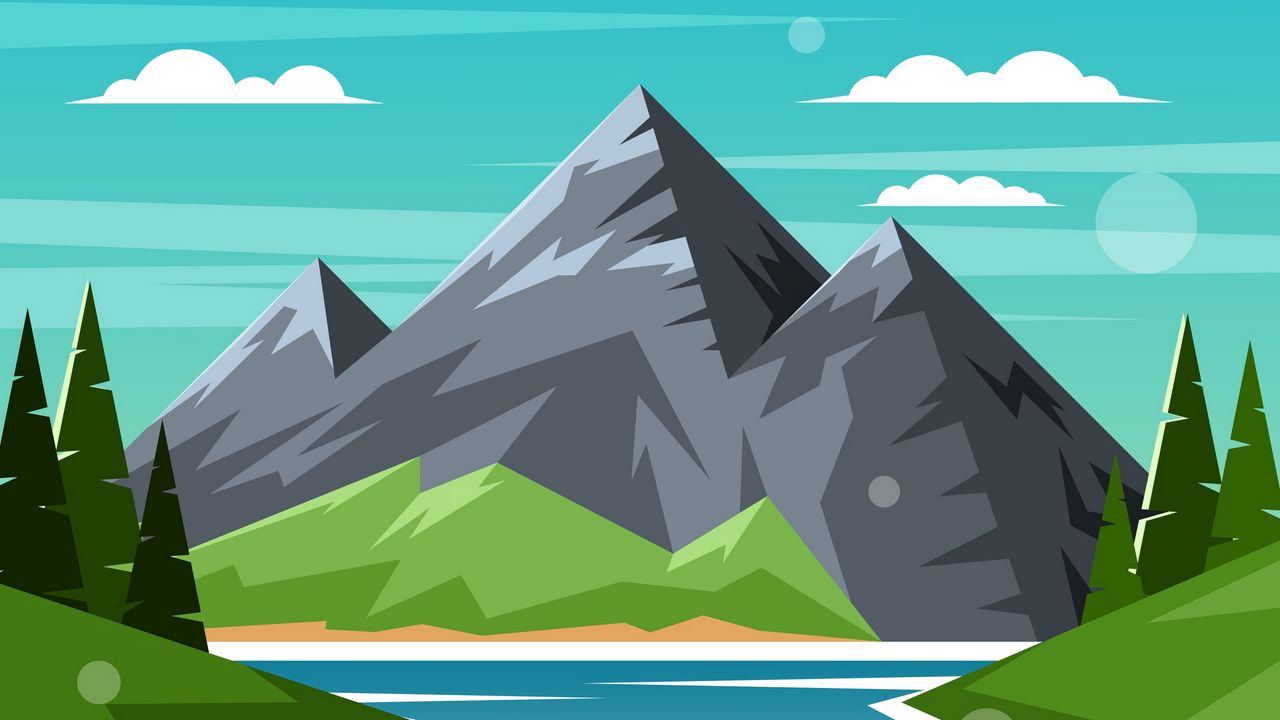 Wallpaper mountains, river, trees, clouds, art