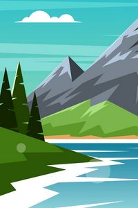 Preview wallpaper mountains, river, trees, clouds, art