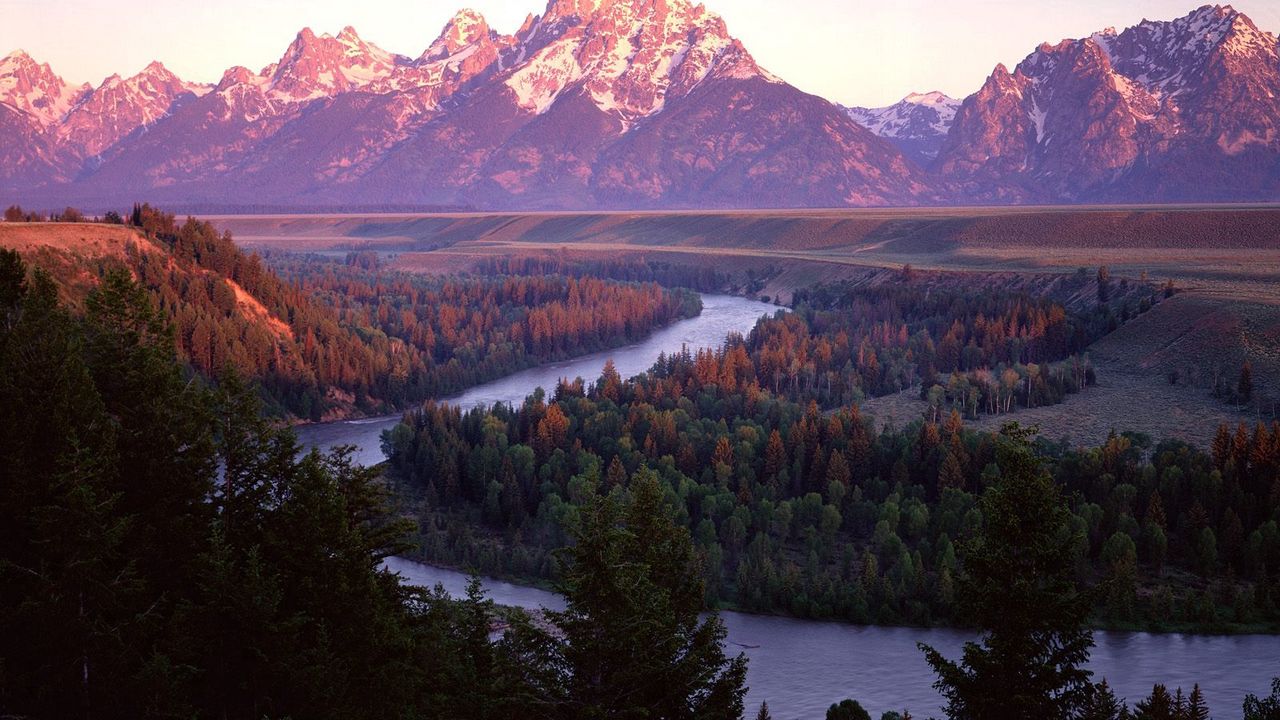 Wallpaper mountains, river, trees, bends, coniferous