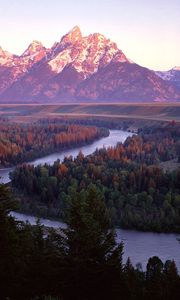 Preview wallpaper mountains, river, trees, bends, coniferous
