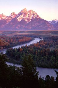 Preview wallpaper mountains, river, trees, bends, coniferous