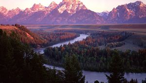 Preview wallpaper mountains, river, trees, bends, coniferous