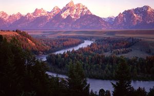 Preview wallpaper mountains, river, trees, bends, coniferous