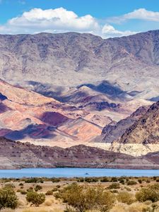 Preview wallpaper mountains, river, valley, bushes, landscape