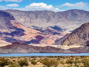 Preview wallpaper mountains, river, valley, bushes, landscape