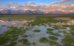 Preview wallpaper mountains, river, vegetation, evening, bottom, cracks