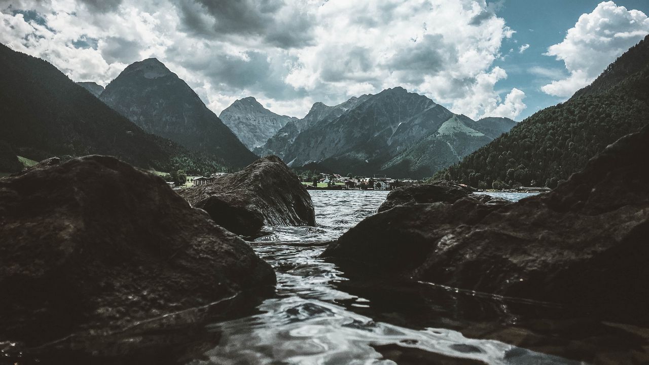 Wallpaper mountains, river, water, sky