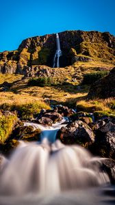 Preview wallpaper mountains, river, waterfall, stones, nature