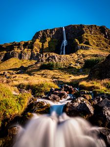 Preview wallpaper mountains, river, waterfall, stones, nature