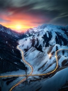 Preview wallpaper mountains, road, aerial view, sunset, landscape