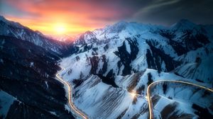 Preview wallpaper mountains, road, aerial view, sunset, landscape