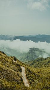 Preview wallpaper mountains, road, aerial view, fog, clouds, nature