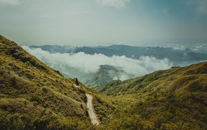 Preview wallpaper mountains, road, aerial view, fog, clouds, nature