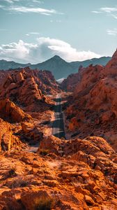 Preview wallpaper mountains, road, aerial view, valley, rocks