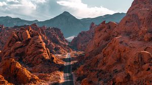 Preview wallpaper mountains, road, aerial view, valley, rocks
