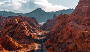 Preview wallpaper mountains, road, aerial view, valley, rocks