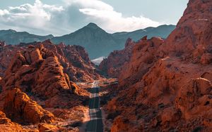 Preview wallpaper mountains, road, aerial view, valley, rocks