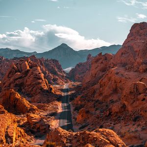 Preview wallpaper mountains, road, aerial view, valley, rocks