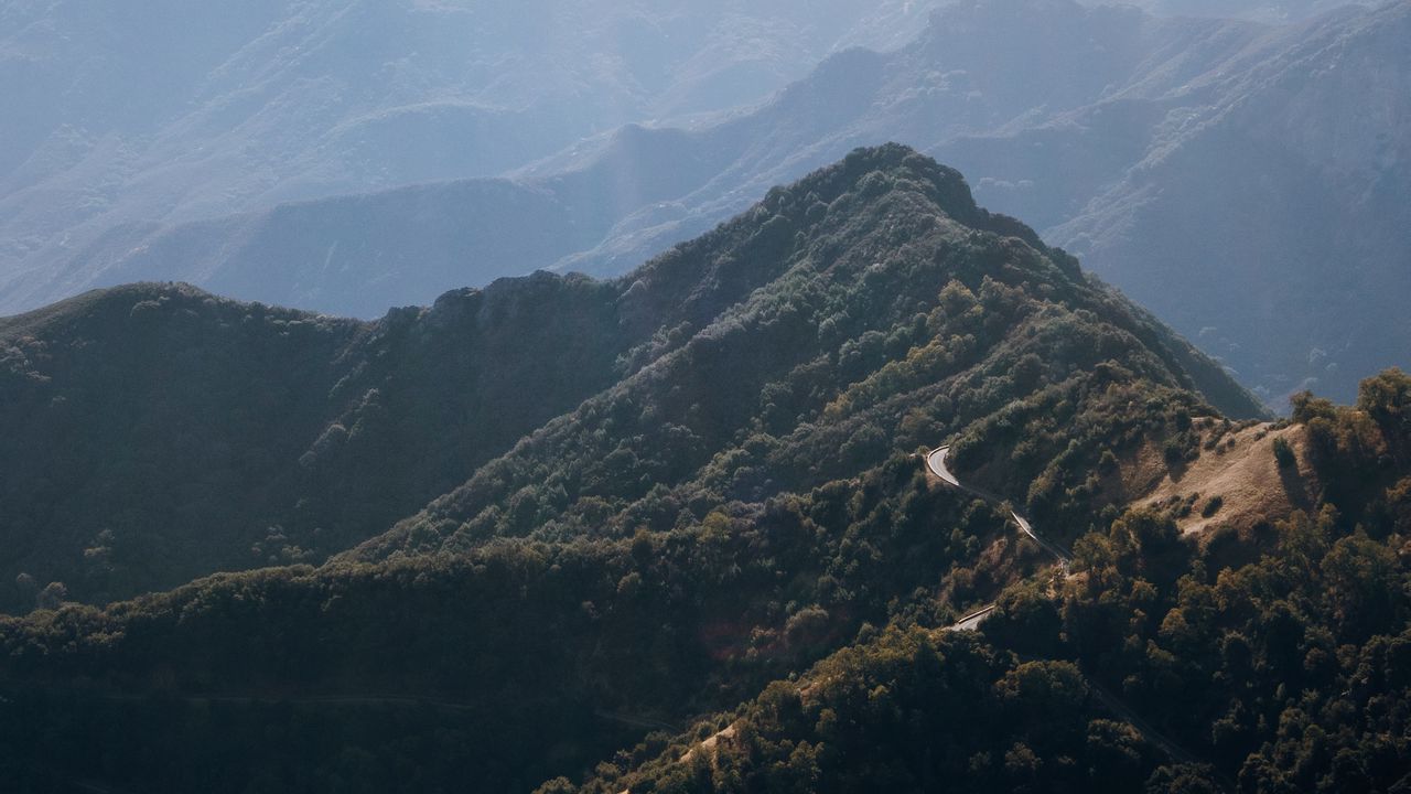 Wallpaper mountains, road, aerial view, fog, landscape