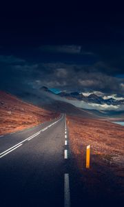 Preview wallpaper mountains, road, asphalt, marking, lake, dark, clouds