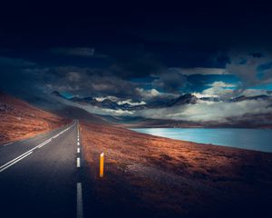 Preview wallpaper mountains, road, asphalt, marking, lake, dark, clouds