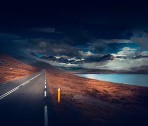 Preview wallpaper mountains, road, asphalt, marking, lake, dark, clouds