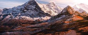 Preview wallpaper mountains, road, asphalt, peaks, snow, sky, switzerland