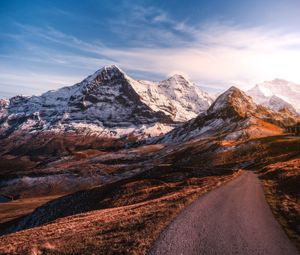 Preview wallpaper mountains, road, asphalt, peaks, snow, sky, switzerland