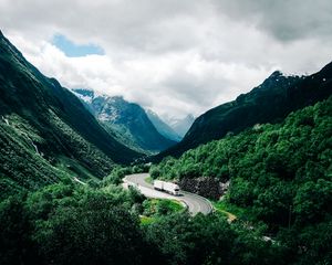 Preview wallpaper mountains, road, car, clouds, norway