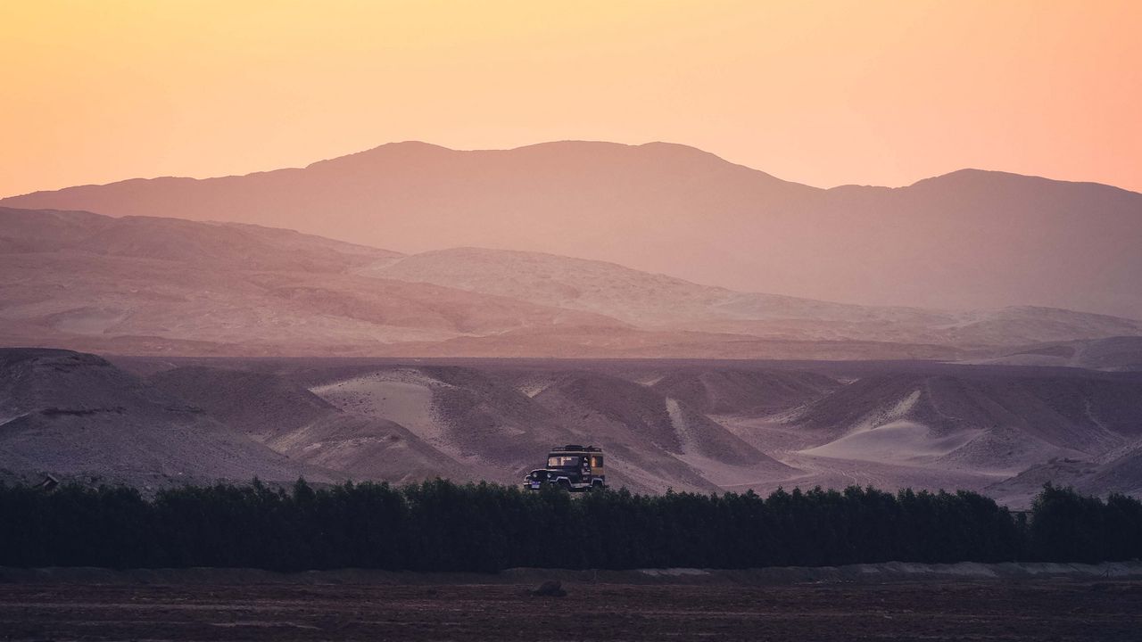 Wallpaper mountains, road, car, dusk, landscape
