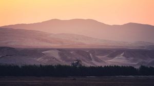 Preview wallpaper mountains, road, car, dusk, landscape