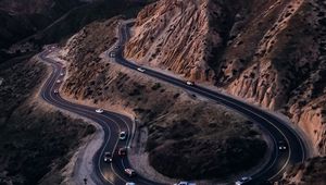 Preview wallpaper mountains, road, cars, aerial view, nature