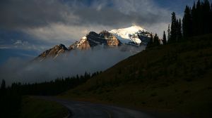 Preview wallpaper mountains, road, clouds, dusk