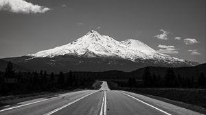 Preview wallpaper mountains, road, field, trees, black and white