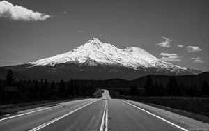 Preview wallpaper mountains, road, field, trees, black and white