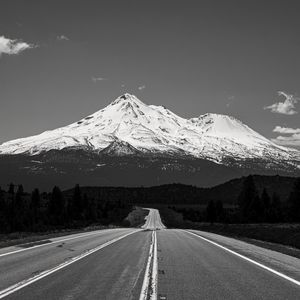 Preview wallpaper mountains, road, field, trees, black and white