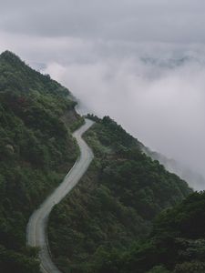 Preview wallpaper mountains, road, fog, forest, slope, height