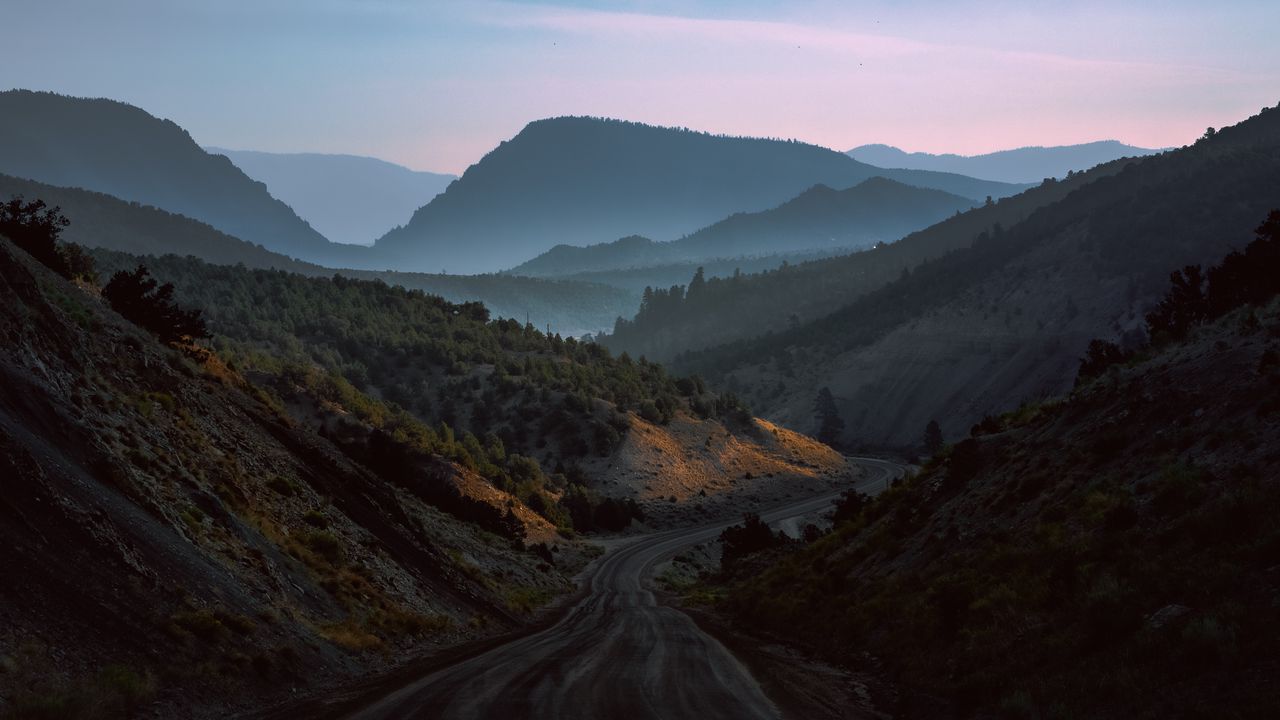 Wallpaper mountains, road, fog, evening, nature