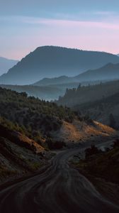 Preview wallpaper mountains, road, fog, evening, nature