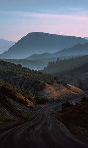 Preview wallpaper mountains, road, fog, evening, nature