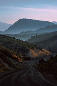 Preview wallpaper mountains, road, fog, evening, nature