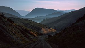 Preview wallpaper mountains, road, fog, evening, nature