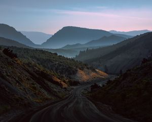 Preview wallpaper mountains, road, fog, evening, nature